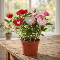 Artikel Holzherzen gepunktet Blumenstecker 6×5cm mit Schleife, sortiert, 18 Stück