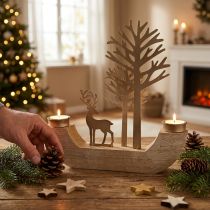 Artikel Teelichthalter Holz Metall Hirsch und Wald 23,5 cm Natur Braun Weiss Gold