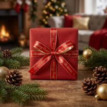 Artikel Weihnachtsband aus Polyester 10mm x 20m Rot-Gold mit Merry Christmas Aufdruck