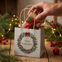 Artikel Geschenktüte Papier Weihnachten Grau mit Henkel 10,5×10,5cm, Kranz-Motiv, 8 Stück