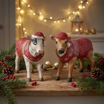 Artikel Weihnachtsdekoration Deko-Kühe mit roter Mütze, Weiss-Braun, 15,5 cm, 2er-Set