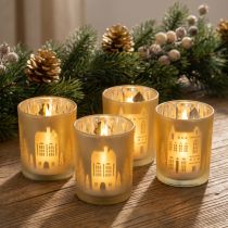 Artikel Windlicht Glas Stadtsilhouette Gold Silber H12,5cm Set 4 Stück