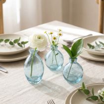 Artikel Minivasen aus blau getöntem Glas 12 cm hoch – Set mit 6 bauchigen Dekovasen