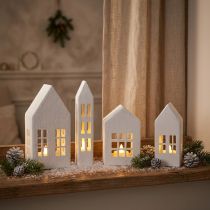 Artikel Mini Deko-Häuser aus Metall 14 cm Weiss im 4er-Set für Inneneinrichtung