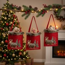 Artikel Weihnachtstasche aus Filz Rot mit Fell 15,5x18cm 3er Set für Geschenkverpackung und Dekoration