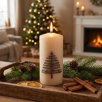Artikel Stumpenkerze aus Wachs Beige mit Tannenbaum-Motiv 150x70mm für Advent und Weihnachten