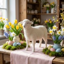 Artikel Schaf Dekofigur aus Kunststoff – Weiss Beflockt 30 × 28 cm – Tischdekoration Ostern