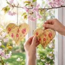 Artikel Holzanhänger Herzen aus Mangoholz 18cm mit Blumenmotiv in Pink, 2 Stück
