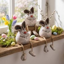 Artikel Keramik Kantenhocker Hase Set 3-teilig 6,5 × 7 × 9,5 cm mit Jutebeinen für Frühlings- und Osterdekoration