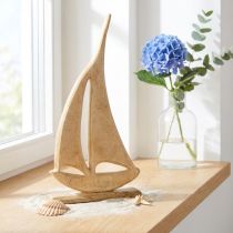 Artikel Segelboot aus Holz mit Sockel, Natur, 42 cm, Tischdekoration