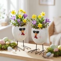 Artikel Mini-Pflanzgefäss Ei-Form mit Huhn-Motiv, Sonnenbrille und Metallfüssen, Polyresin, H12,5cm, 2er-Set