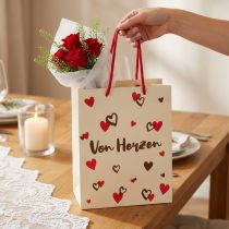 Artikel Geschenktüte Papier mit Henkeln Creme-Rot Herzenmotiv 18×10×23cm 2 Stück