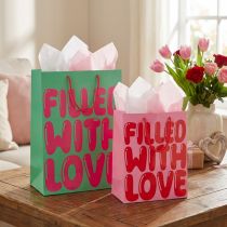 Artikel Geschenktüte aus Papier mit Henkeln "Filled with Love", 36 x 23 cm, Türkis/Pink, 2er-Set
