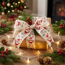 Artikel Weihnachtsband Baumwolle Creme mit Santa-Motiv 40mm x 15m für Dekoration