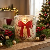 Artikel Windlicht Glas mit roter Schleife und Winterzweigen 15 cm