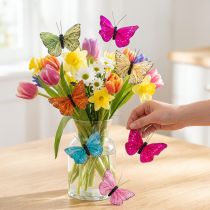 Artikel Dekorative Schmetterlinge aus echten Federn auf Draht, 7 cm, 12 Stück, mehrfarbig