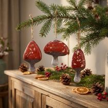 Artikel Handbemalte rote Pilzanhänger aus Polyresin mit Juteschnur 3 cm – Herbst- und Weihnachtsdeko – 6 Stück