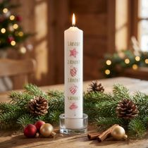 Artikel Adventskerze, weisse Stumpenkerze mit Weihnachtsmotiven, 265 mm hoch, Ø 50 mm