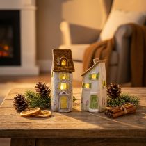 Artikel LED-Keramikhäuser 15cm, 2er-Set, Handbemalt, Tischdeko für Innen