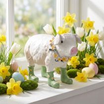 Artikel Dekofigur Schwein aus Polyresin mit Blumenkranz und Gummistiefeln 15,5 cm