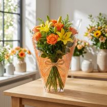 Artikel Blumentüte aus Zellglasfolie mit orangefarbenem Jute-Muster, 40cm, 50er Set