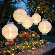 Artikel Lampion aus Kunststoff mit LED und Solarbetrieb in Weiss, Ø 20cm