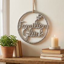 Artikel Metall Wanddeko Dekoring Familienglück Ø 20 cm Silber mit Jutekordel