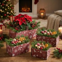 Artikel Blumenkasten Holz Weihnachten Vintage Rot-Weiss mit Folie, 24-40cm, 4er-Set