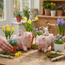 Artikel Dekofigur-Set Schweinchen mit Waldtieren 9,3cm Rosa Weiss Polyresin 2 Stück