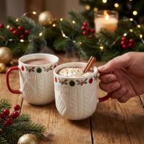 Artikel Keramik Weihnachtstasse mit Strickmuster und festlichem Dekor 9cm - Rot-Weiß 2St