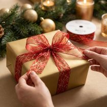 Artikel Weihnachtsband aus Polyester mit Stern-Netzmotiv, Rot-Gold, 25mm x 18m