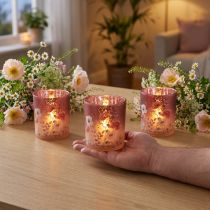 Artikel Windlicht aus Glas mit floralem Muster in Rot, 8 cm hoch, 4er-Set