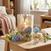 Artikel Teelichthalter aus Glas, 18 cm, Innen versilbert, Blumenmotiv in Beige und Gold