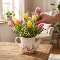 Artikel Keramik Kanne 20 cm mit Blumenmotiv in Weiss – Wohn- und Tischdekoration
