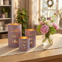Artikel Windlicht-Set aus Metall „Liebe das Leben“, violett-gold, Ø 13/10,5/9 cm, 3-teilig