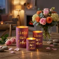 Artikel Windlicht-Set aus Metall „Liebe das Leben“ Fuchsia-Gold, Ø 13/10,5/9 cm, 3-teilig