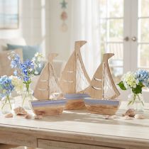 Artikel Segelboot Deko Aufsteller Holz Natur Hellblau 25,5×16,5cm 3er-Set
