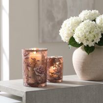 Artikel Windlicht aus Glas Braun Silber mit Rosa Pfingstrosen H18cm