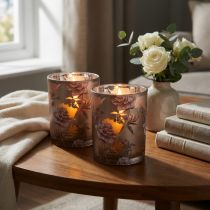 Artikel Deko Glas Windlicht mit Pfingstrosenmotiv Silber Braun H12,5cm 2er Set