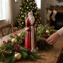 Artikel Weihnachtsmann Figur mit Korb Rot Weiss Grün Gold Höhe 36 cm