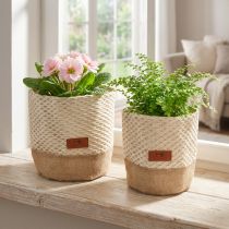 Artikel Stoffkörbchen Set aus Leinen und Jute, Natur/Creme, Ø16cm und Ø19cm, mit Folie, für Pflanzen und Aufbewahrung
