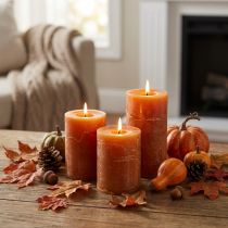 Artikel Stumpenkerzen Dunkelorange durchgefärbt Sunset Rustic 60x80mm 4er-Set für Herbst- und Adventsdeko