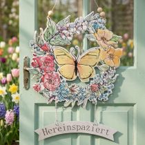 Artikel Metall-Schmetterlingskranz mit Blumenmotiv und Schriftzug «Hereinspaziert», ca. 40 x 28 cm, weiss-bunt