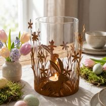 Artikel Windlicht aus Metall mit Glas, Edelrost-Optik, Motive mit Hasen und Blumen, Ø 11,5 cm, Höhe 18 cm