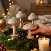 Artikel Deko-Pilze aus Holz und Filz mit Glitter, 11 cm, sortiert, 4 Stück