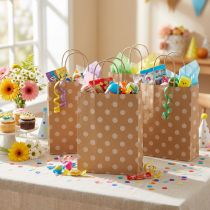 Artikel Geschenktaschen Papier-Tragetaschen mit Punkten 18×22×8cm Naturfarben Weiss 50 Stück