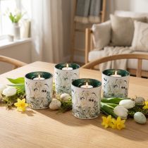 Artikel Deko Windlicht Glas Blättermuster Beige-Weiss 8 cm 4er-Set