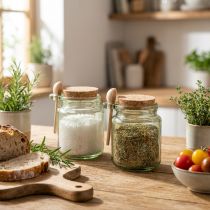 Artikel Dekogläser aus grünem Glas mit Korkdeckel und Holzlöffel – Ø 7 cm, H 10 cm, 2 Stück