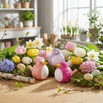 Artikel Vogel-Dekofiguren aus Holz, 6 cm, Lila/Rosa/Pink, Set für Wohnraum- und Frühjahrsdekoration