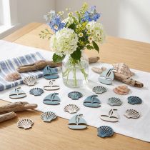 Artikel Streuteile aus Holz Muscheln und Boote Blau Weiss 2,5/4 cm 72 Stück